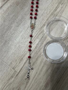 Red Bead Rosary Necklace with Silver Cross